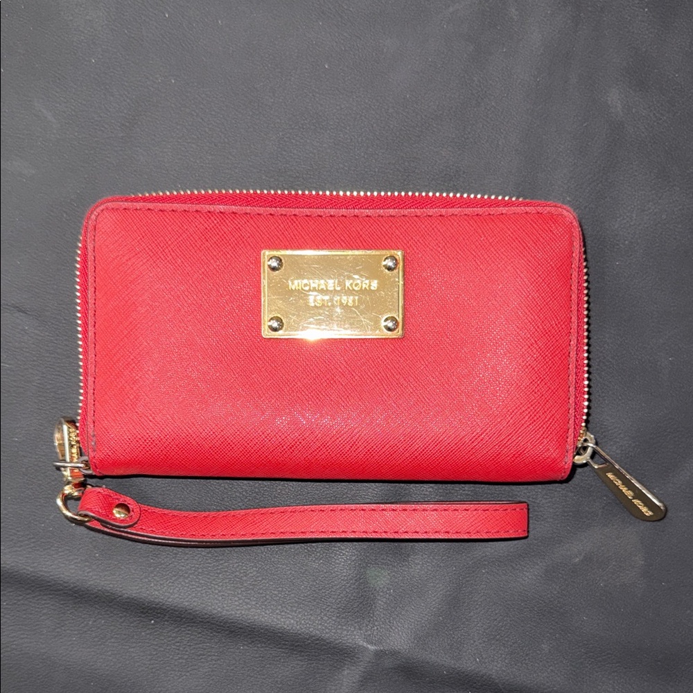 Michael Kors Red Saffiano Zip-Around Wristlet with Gold Plate